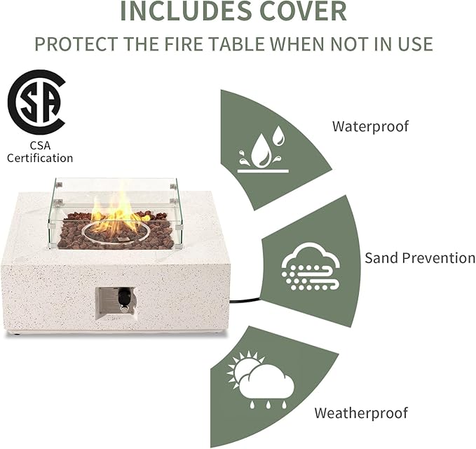 COSIEST Square Outdoor Sandstone Propane Fire Pit w Wind Guard, CSA Certified, 50,000 BTU Stainless Steel Burner, 35-inch, Free Lava Rocks and Rain Cover, Tank Outside, Metal Lid