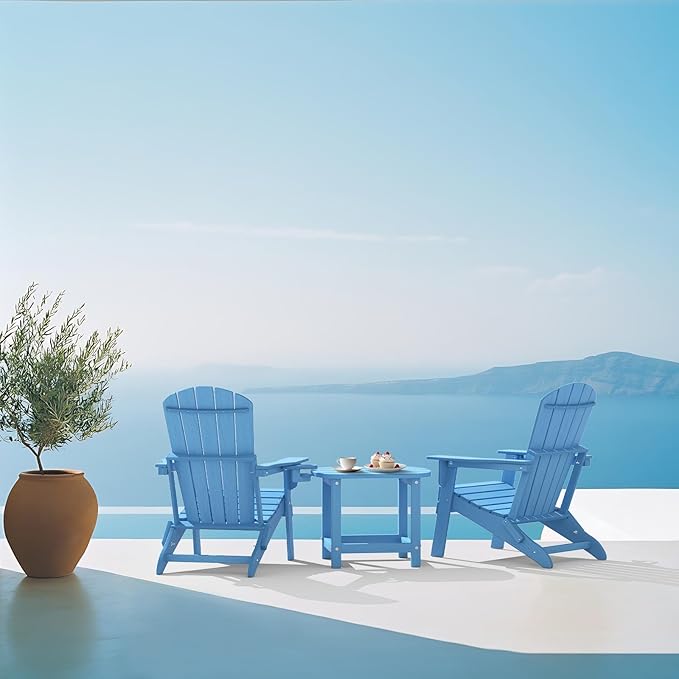 Folding Adirondack Chair with Cup Holder,SGS Tested,Heavy All-Weather,Wooden Textured,HDPE Outdoor Chairs for Patio Backyard Fire Pit, Light Blue