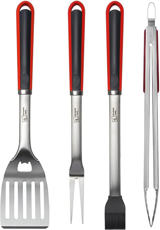 Double Two 4-Piece Stainless Steel BBQ Tool Set - Tong, Fork, Spatula, Brush - Utensils for Grill - Tools for Outdoor Grilling- BBQ Kits