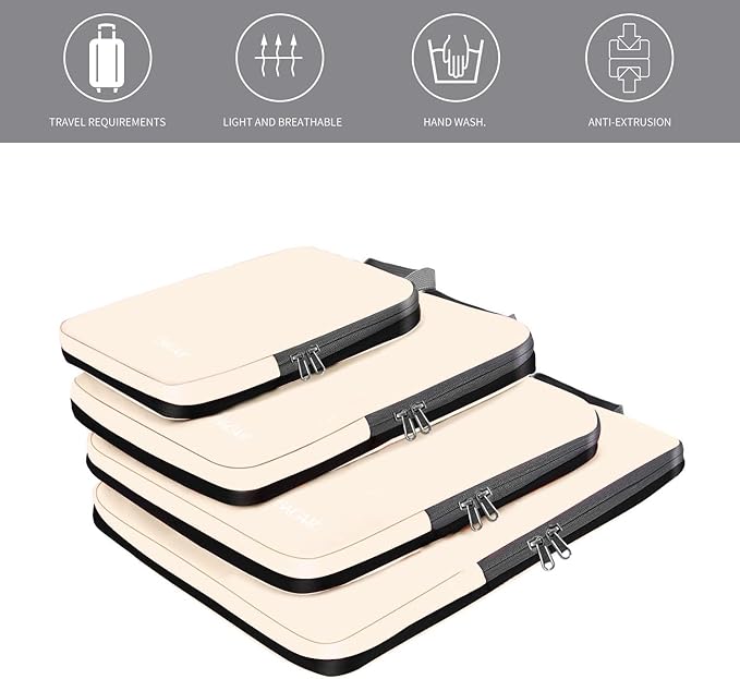 BAGAIL 4 Set/6 Set/8 Set Compression Packing Cubes Travel Accessories Expandable Packing Organizers (Cloth Pattern, 4-Beige)