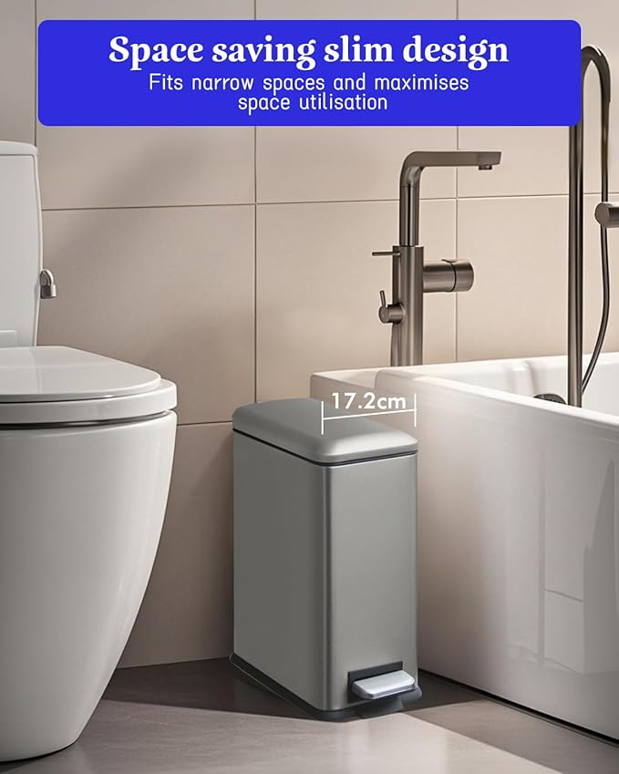 Grey Trash Can, 2.6 Gallon Bathroom Trash Can with Lid, Stainless Steel Garbage Can with Removable Liner, 10 Liter Rectangle Step Trash Bin for Office, Kitchen, Bedroom, Living Room, Dorm