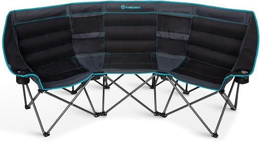 FUNDANGO Double Camping Chair with Cooler, 3 Person Folding Oversized Loveseat Camp Chairs for Adults Fully Padded Couch with Cup Holder Carry Bag for Outdoor Lawn Beach Patio Support 1000 LBS