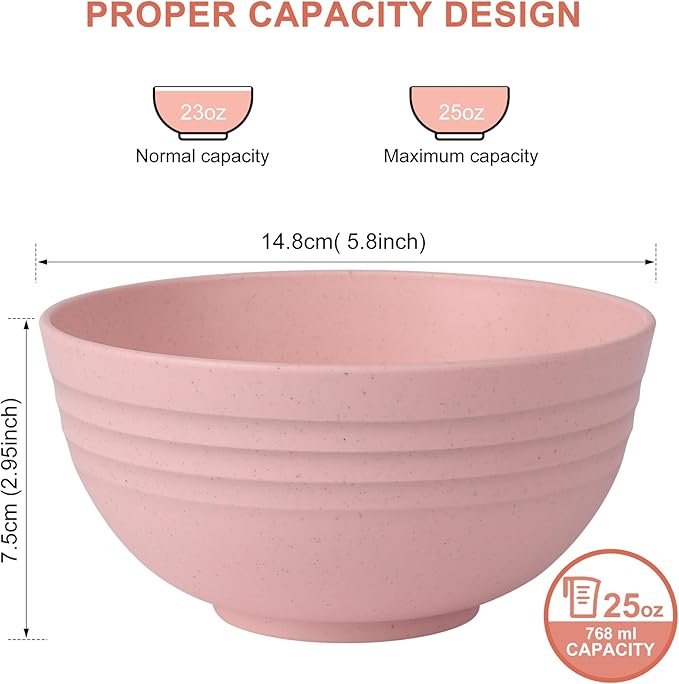 HOTEC Unbreakable Wheat Straw Cereal Bowls - Microwave & Dishwasher Safe Soup and Salad Bowls, Set of 8, 26oz, BPA Free,Pink