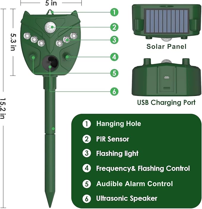 2 Pack NAVISOVL Solar Ultrasonic Animal Repellent Outdoor Cat, Squirrel, Deer Repeller, Motion Sensor&Flashing Light, Repel Dogs,Boar,Deer,Fox,Raccoon,Skunk,Rabbit,Bird Deterrent for Yard&Farmland