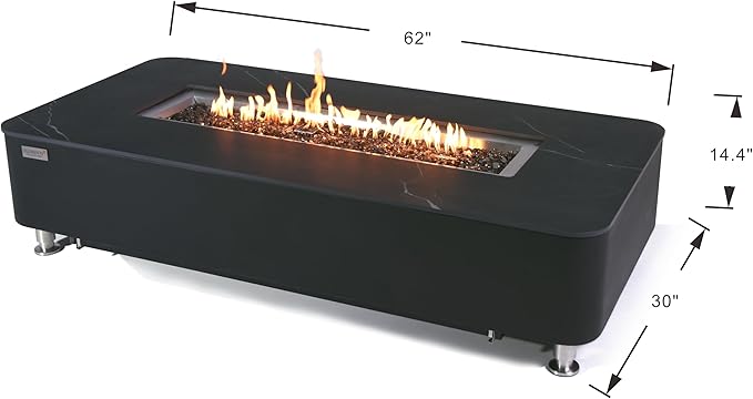 Elementi+ | Valencia Gas Fire Pit | Cast Concrete Body & Marble Porcelain Top | 62" Rectangular Fire Table | Electronic Ignition | Canvas Cover, Fire Glass & Burner Lid Included | Black | Propane Gas