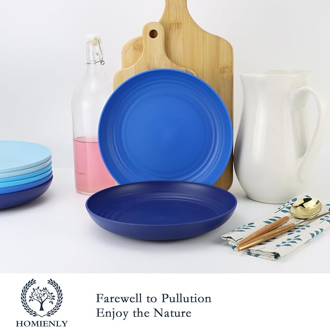 Homienly Wheat Straw Dinner Plates Set of 8-8 inch for Salad, Dessert, Appetizer, Pancakes - Unbreakable, Kitchen Essentials (Blue Series)