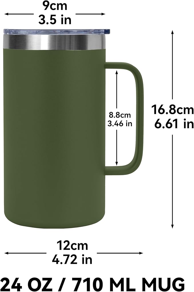 DOMICARE 24oz Mug with Handle and Lid, Stainless Steel Coffee Mug, Reusable Insulated Cup, Travel Mug with Handle, Double Wall Vacuum Coffee Tumbler for Men and Women, Army Green, Pack 1