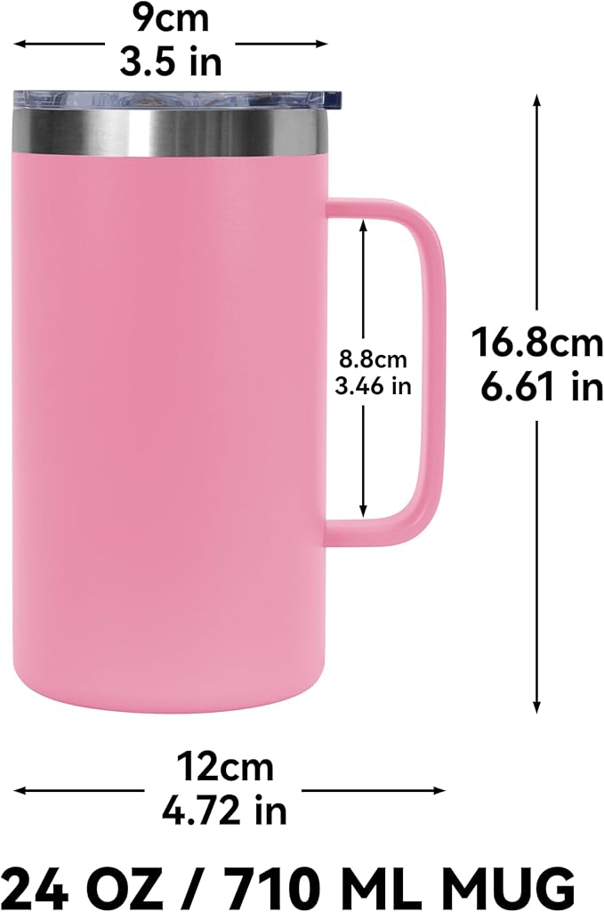 DOMICARE 24oz Mug with Handle and Lid, Stainless Steel Coffee Mug, Travel Mug with Handle, Double Wall Vacuum Coffee Tumbler, Reusable Insulated Cup, Pink, Pack 8