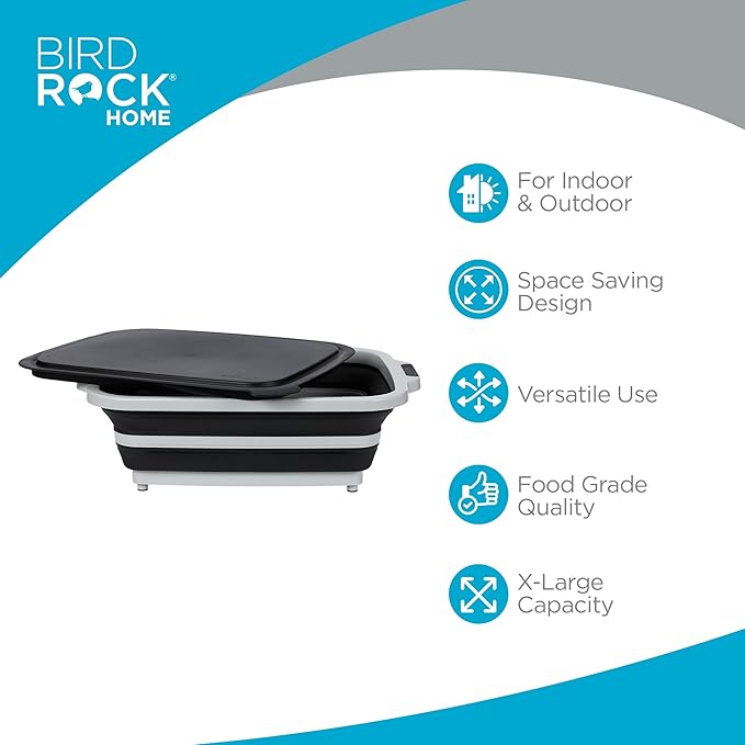 BIRDROCK HOME Collapsible XL BBQ Prep Tub w/Cutting Board, Multi-Function Grill Caddy w/Colander & Lid, Portable Silicone Dish Bowl for Picnic, Tailgate, Camping - Black