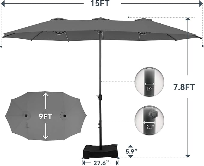 GREEN PARTY 15 ft Rectangle Patio Umbrella with Base Included, Double-Sided Table Umbrella with Crank, Large Outdoor Umbrellas for Patio Poolside Garden Backyard, Smoky Gray