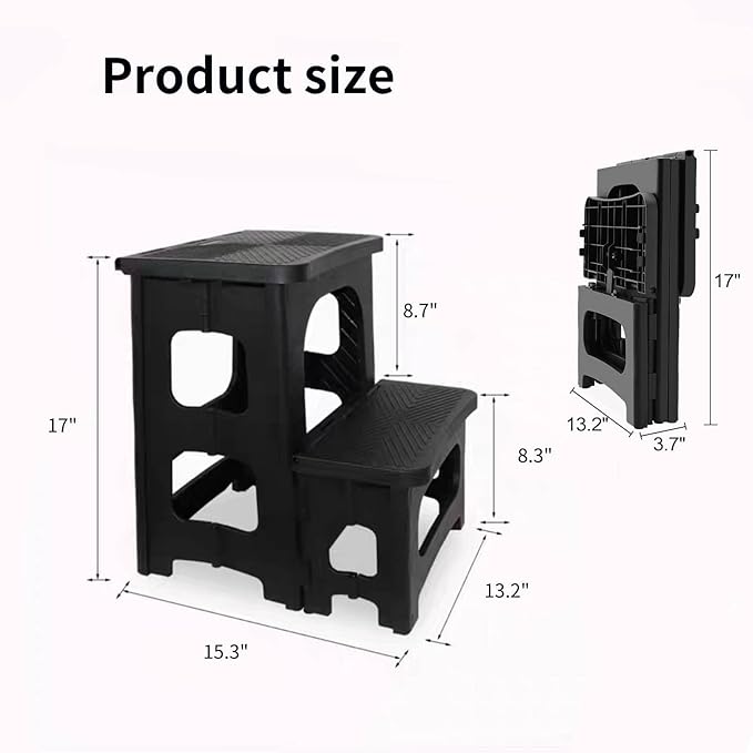 2-Step Folding Stool, Non-Slip Folding Step Stool Plastic Steps Ladder, Portable Bedside Step Stool, Hold up to 300 lbs, Lightweight & Foldable Step Ladder for Kitchen Toilet Office Home RV-Black