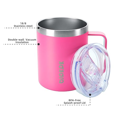 BJPKPK 2 pcs Stainless Steel Insulated Coffee Mug, 14oz, Pink-14oz, Coffee Cup with Lid and Handle, Double Vacuum Insulation, BPA Free