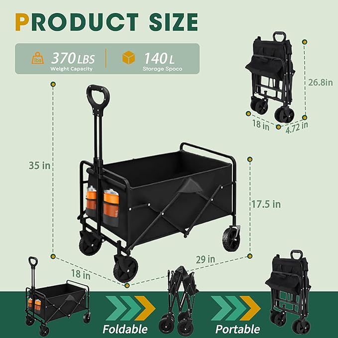 Collapsible Wagon with Wheels, 370lbs Weight Capacity Foldable Beach Wagon with Flexible Handle Portable Utility Wagon Cart for Outdoor, Grocery, Garden, Camping