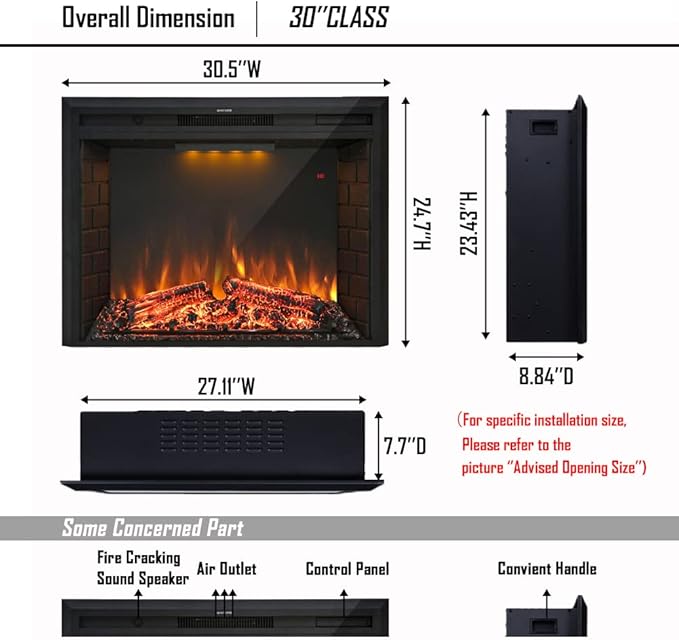 30'' Electric Fireplace Insert, Retro Recessed Fireplace Heater with Fire Cracking Sound, Remote Control & Timer, 750/1500W, Black