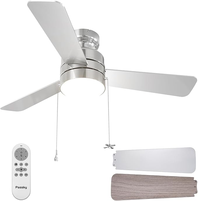 Ceiling Fans with Lights, 42 inch Low Profile Ceiling Fan with Pull Chain and Remote Control, Flush Mount, Reversible, 5CCT, Dimmable, Noiseless, Nickel Pull Cord Ceiling Fan for Bedroom