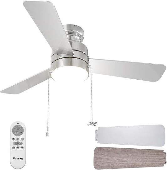 Ceiling Fans with Lights, 42 inch Low Profile Ceiling Fan with Pull Chain and Remote Control, Flush Mount, Reversible, 5CCT, Dimmable, Noiseless, Nickel Pull Cord Ceiling Fan for Bedroom