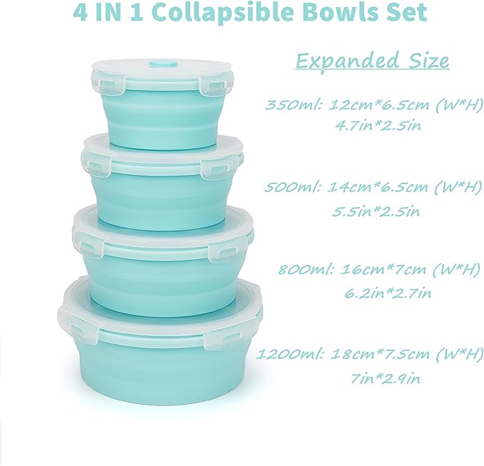CARTINTS Silicone Collapsible Food Storage Containers-Prep/Storage Bowls with Lids – Set of 4 Round Silicone Lunch Containers – Microwave and Freezer Food Containers (Blue)