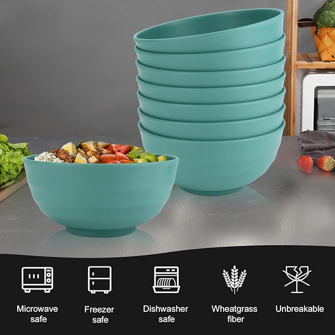 Homienly Wheat Straw Large Bowls, 60 OZ Salad Bowls Set of 8, Unbreakable Large Serving Bowl for Kitchen, Camping, Microwave and Dishwasher Safe Big Plastic Bowl Set Reusable-Green