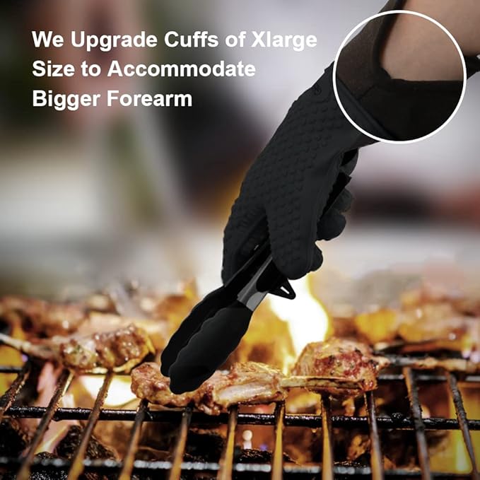 GEEKHOM BBQ Gloves X-Large, Heat Resistant Kitchen Silicone Oven Mitts, Waterproof Oven Gloves, BBQ Grill Accessories for Baking, Fryer, Smoker, Weber, Pizza, Microwave, Non-Slip, Black