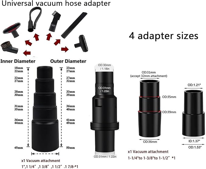 11 PCS Universal Vacuum Attachments & Brushes Kit - Hardwood Floor Vacuum Brush Head Attachment & Universal Adapter Kit Compatible with Shop Vacs 2-1/4'' 1-7/8'' 1-3/8'' 1-1/4 Inch Vacuum Accessories