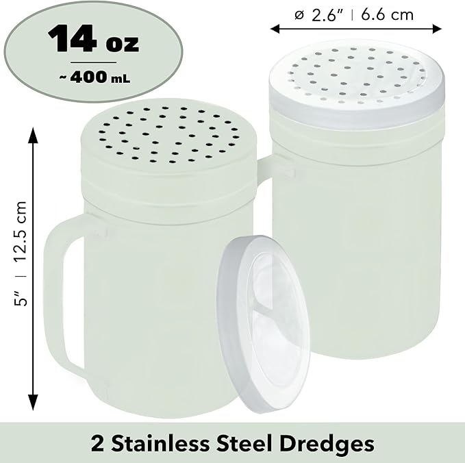 CUSINIUM 14oz Sage Stainless Steel Salt Pepper Dredge Shakers - With Plastic Cap - With Handle - Pack of 2