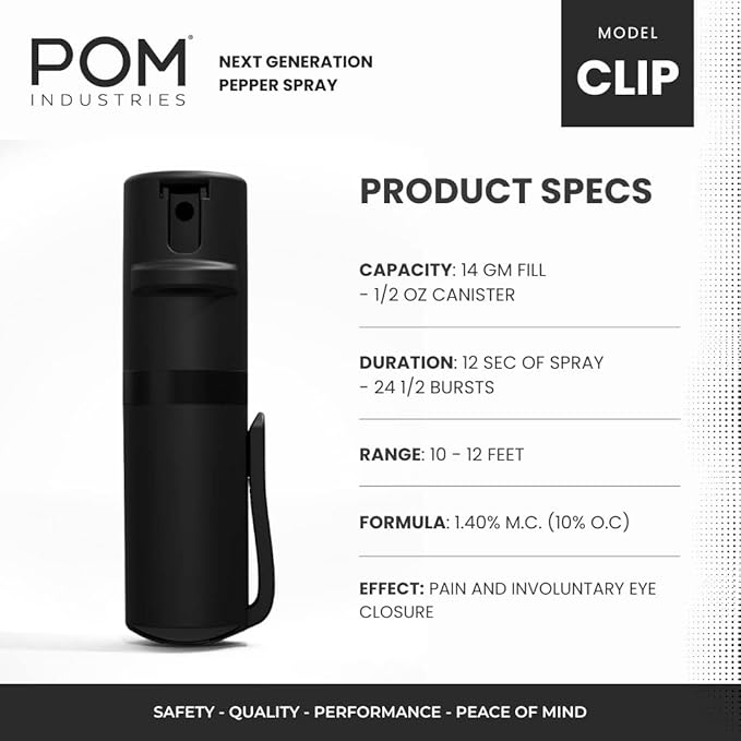 POM Pepper Spray Pocket Clip, Quick Flip Top Safety, Maximum Strength OC Formula with UV Marking Dye, Safe Compact and Tactical Design for Everyday Carry, 25 Bursts, 10 ft Range, 0.5 fl oz