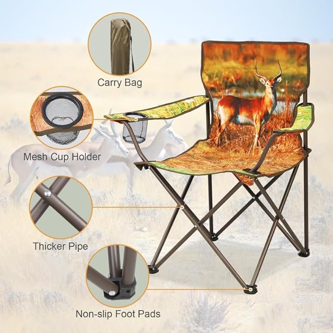 2 Pcs Animal Pattern Camping Chair,Folding Backpacking Lightweight Beach Chair w/Cup Holder,Side Pocket,Carry Bag,Portable Adults Lawn Chair for Family Outdoor,Hiking,Parties,Antelope