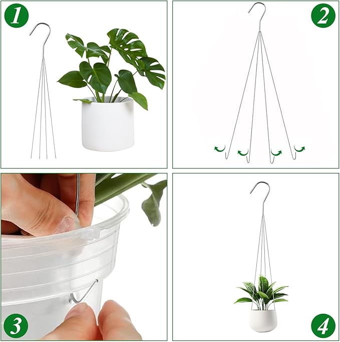 24 Pack 24" 4 Wire Steel Hook Hanger, Wire Plant Hangers for Hanging Baskets, Pot Hangers for Plants for Indoor Outdoor Patio Garden