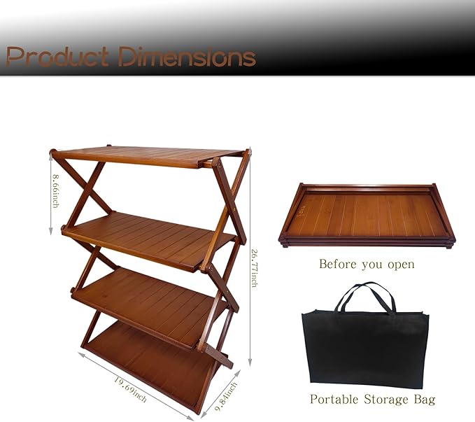 Foldable Bamboo Shelf, Folding Shoe Rack, Flower Rack, Camping Rack, No Installation Required, Portable, Space Saving, Multi-Purpose Storage Rack (Walnut, 4 Tiers)