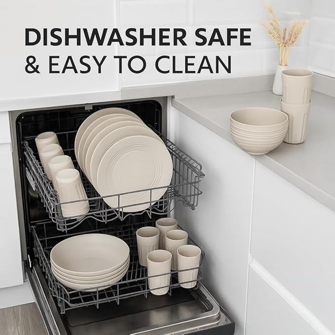 Fern & Soul Wheat Straw Dinnerware Sets, Dish Set for 8, 24 pcs with Storage Bag. Unbreakable, Dishwasher Safe, Kitchen Plastic Plates Bowls Sets, College Dorm, RV Camping Dishes Plate Set (Beige)