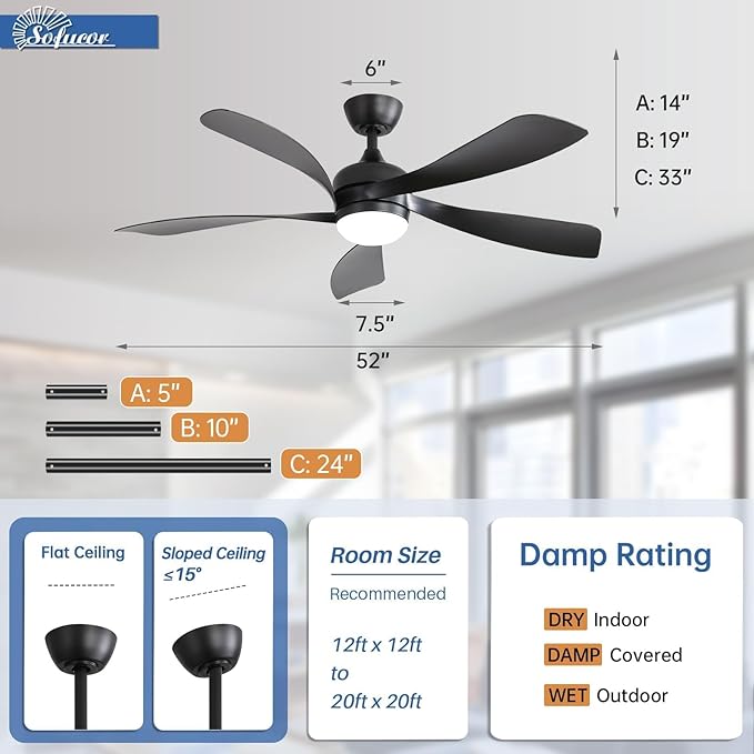 Sofucor 52 Inch Ceiling Fans with Lights and Remote, Outdoor Ceiling Fan with Light 6-Speed 3 CCT 3-Timer, Black Low Profile Ceiling Fan 5 Blade Reversible DC Motor for Living Room Bedroom Patio