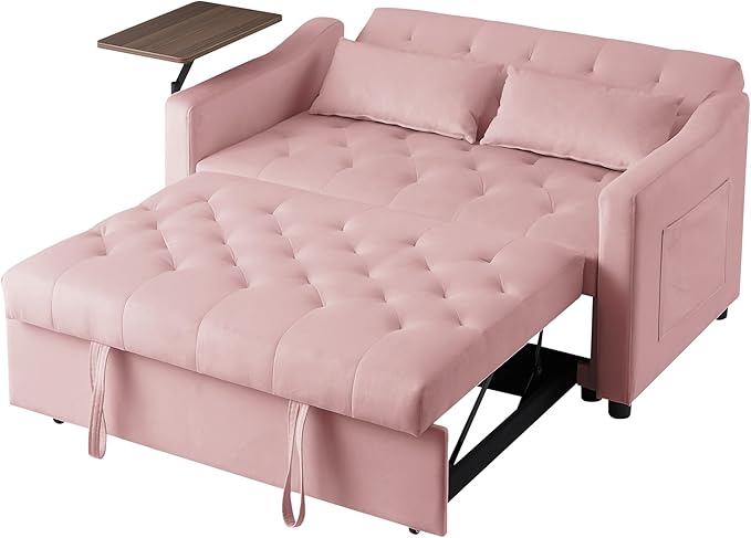3-in-1 Convertible Sleeper Sofa Bed, Pullout Couch with 360° Swivel Side Table, Modern Chenille Fabric, Easy to Assemble, Folding Loveseat Sofa Bed for Living Room & Guest Room
