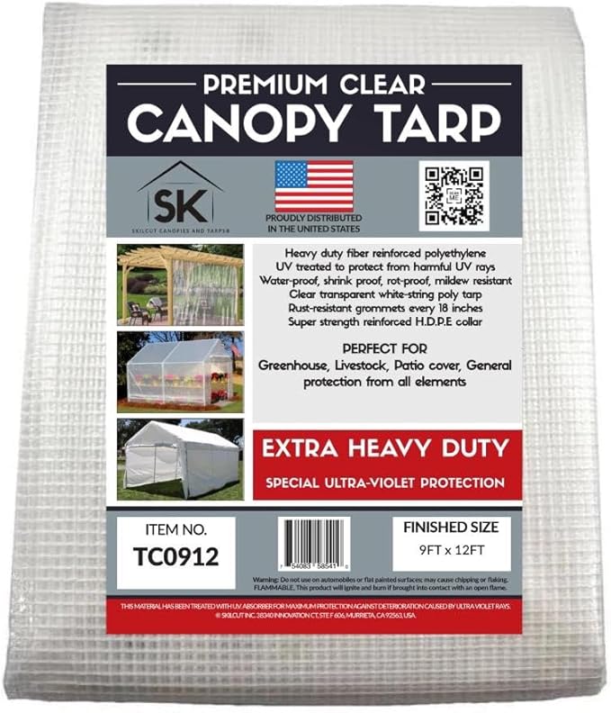 16 Mil Clear Poly Heavy Duty Tarp with Fiber Reinforcement - True Size Tarps with UV Protection, Tear Resistance, Flexibility, Reinforced Corners 9x12