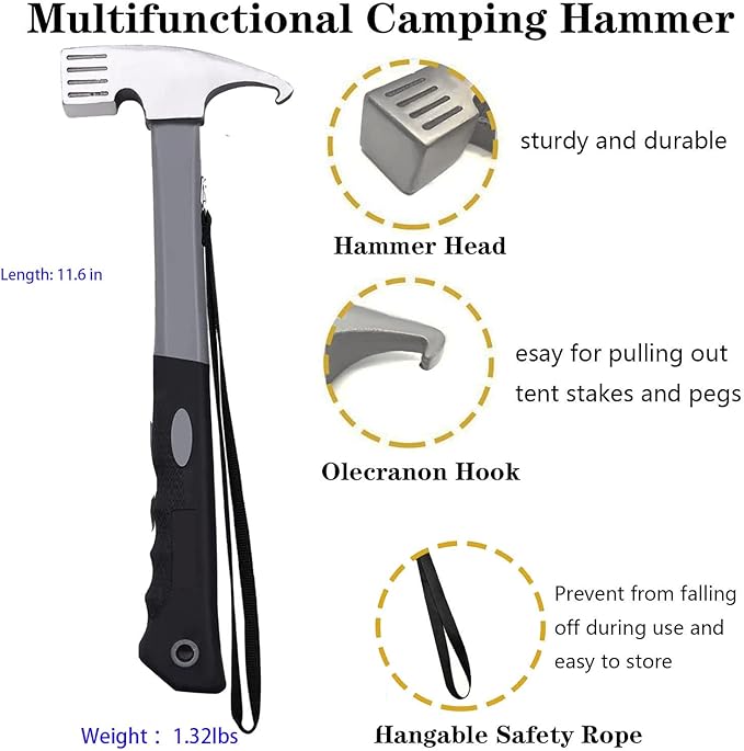 10 Pcs Heavy Duty Tent Stakes and Camping Hammer Set,10in Metal Tent Stake for Lawn,Ground and Beach,Camping Tent Kit with Tent Stakes,Hammer, Reflective Rope,Tent Clamps and Storage Bag
