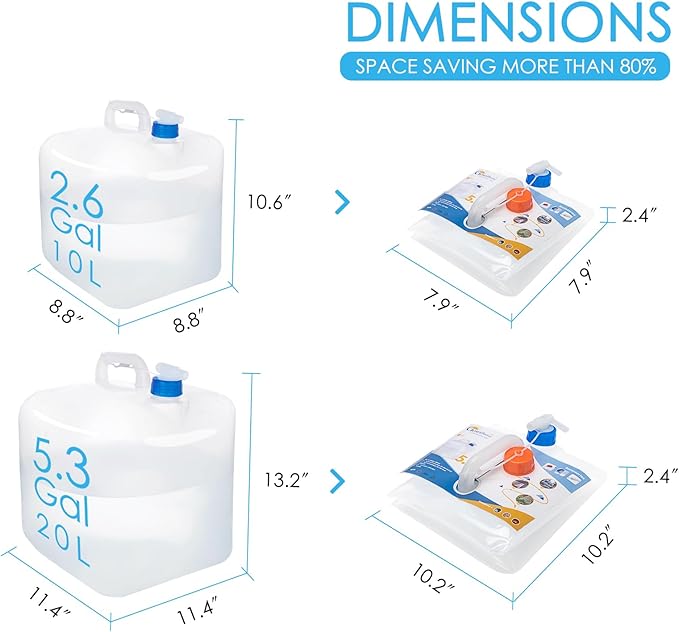 Collapsible Water Container Jug with Spigot, 2 Packs 5.3 Gallon BPA Free Camping Water Storage Carrier for Outdoor Hiking Backpacking & Emergency Survival Kit, Foldable Portable Canteen