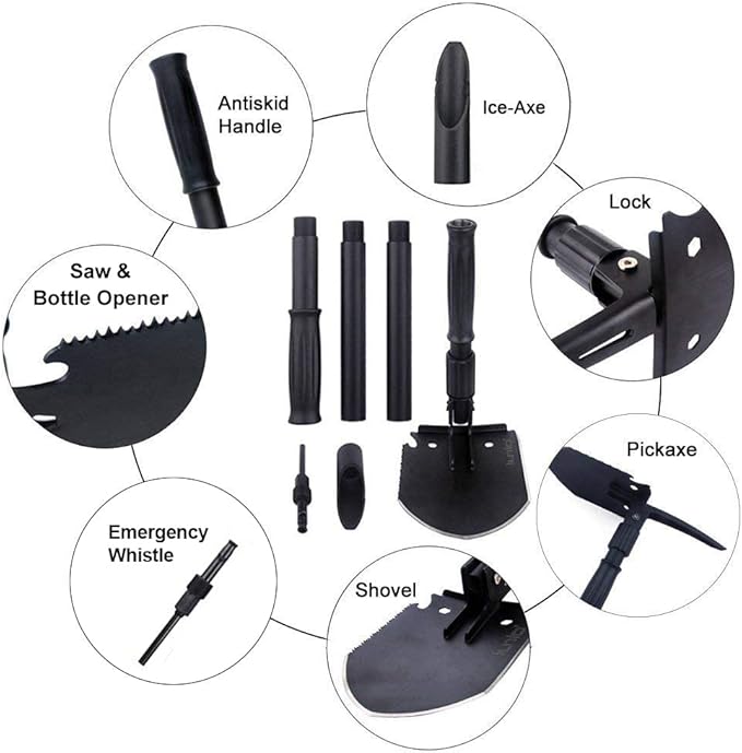 iunio Camping Shovel,Shovel Folding, Portable, Multitool, Foldable Entrenching Tool, Collapsible Spade, for Backpacking, Trenching, Hiking, Survival, Car Emergency