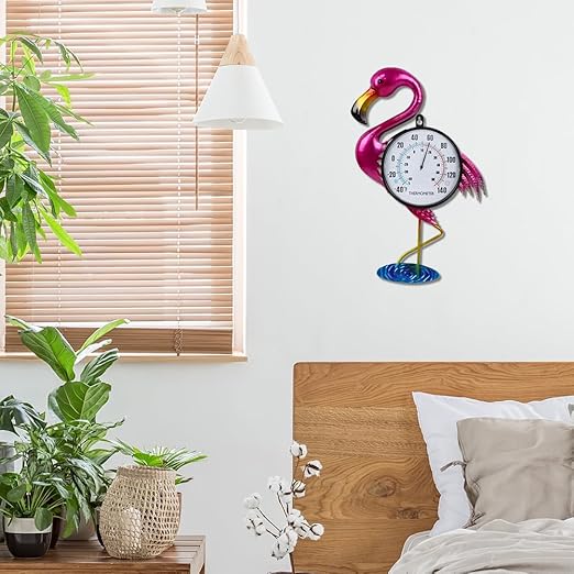 Flamingo Outdoor Thermometer, 17" H Wall Thermomter with No Need Battery, Indoor Thermometer Large Easy to Read for Patio Room Decor