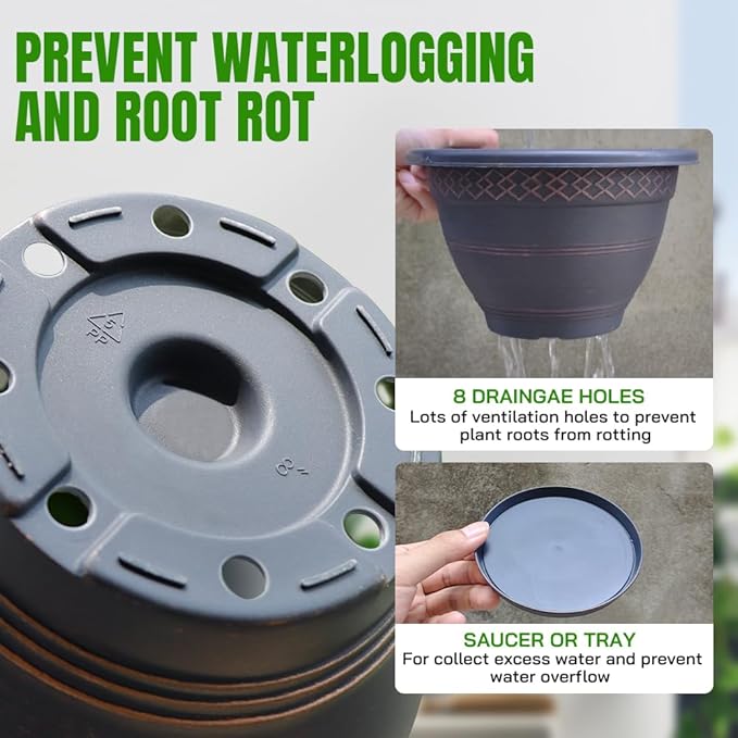 10 Inch 4 Pack Large Plant Pots, Plastic Flower Pot for Indoor & Outdoor with Drainage Holes & Saucer, Plaid Pattern Planters Garden Pots for Herbs