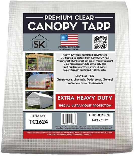 16 Mil Clear Poly Heavy Duty Tarp with Fiber Reinforcement - True Size Tarps with UV Protection, Tear Resistance, Flexibility, Reinforced Corners 16x24
