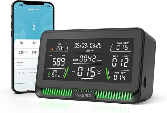 10-in-1 Air Quality Monitor with WiFi App Alerts | CO2, PM2.5, HCHO, TVOC Detector | 6.1" HD Display & 2Y Data Storage | Wall/Desk Mount for Home, Office, School (Black)