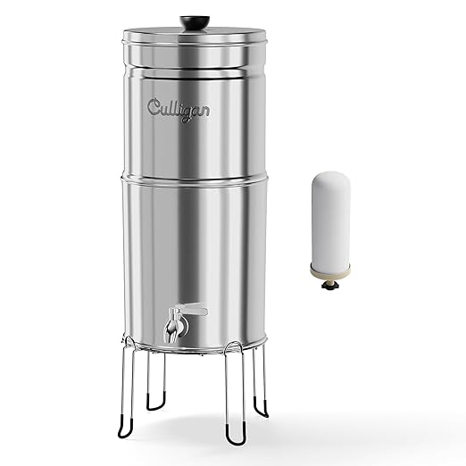 Culligan with MaxClear Technology 3 Gallon Gravity Water Filter System, Polished Countertop Ceramic Water Filter NSF/ANSI Certified to Reduce Lead, Microplastics & Total PFAS, with 1 Filter
