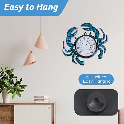 14" Crab Shape Outdoor Thermometer, Indoor Thermometer No Need Battery, Metal Wall Thermometer Easy to Read for Patio Garden Living Room Decor