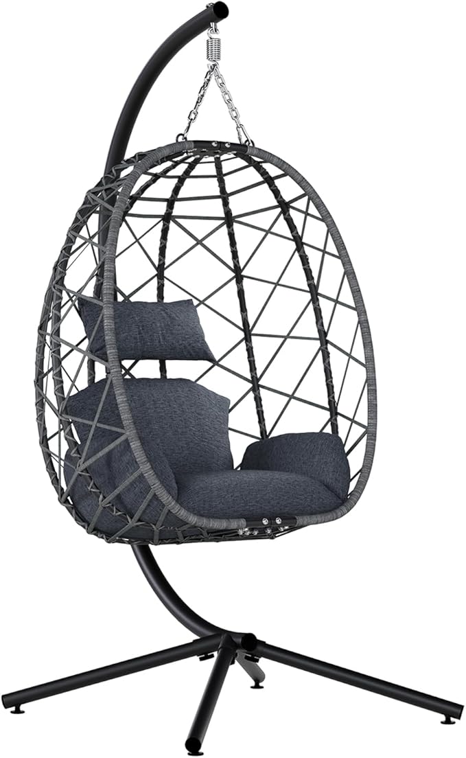 SWITTE Egg Swing Chair with Stand, Outdoor Patio Hanging Egg Chair, Indoor Hammock Chair with Cushion for Garden Backyard, 350LBS Capacity-Dark Grey