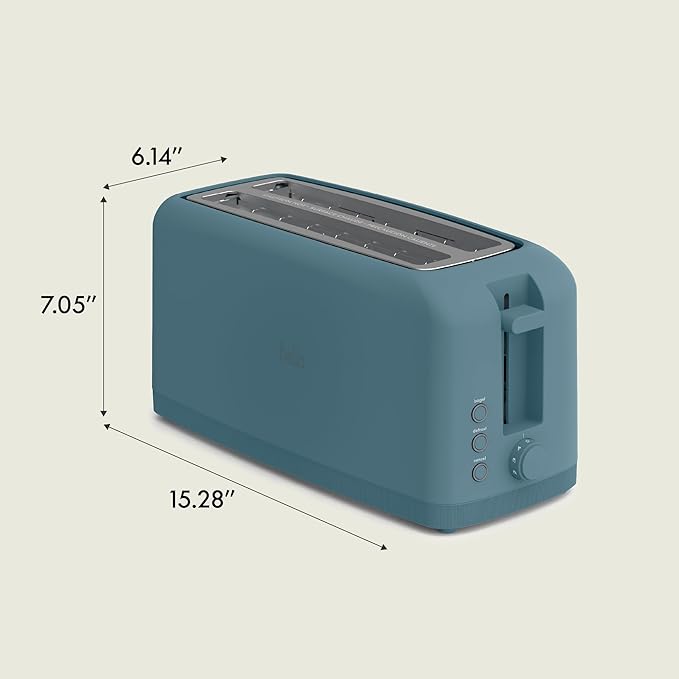 bella 4 Slice Slim Toaster, Fits-anywhere Kitchenware, 6 Setting Shade Control with Reheat & Cancel Buttons, Fits Sourdough, 10” Long Slot, Anti Jam & Auto Shutoff, 900 Watt, Surf