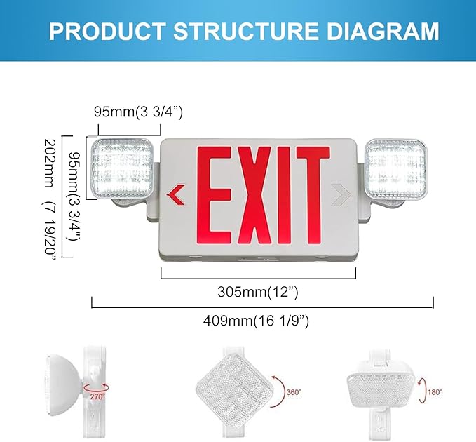 Double Sided LED Emergency EXIT Sign, Remote Capable, Two LED Flood Lights, Backup Battery, US Standard Red Letter, Commercial Grade, 120-277V, FireResistant(UL 94V-0) (1 Pack)