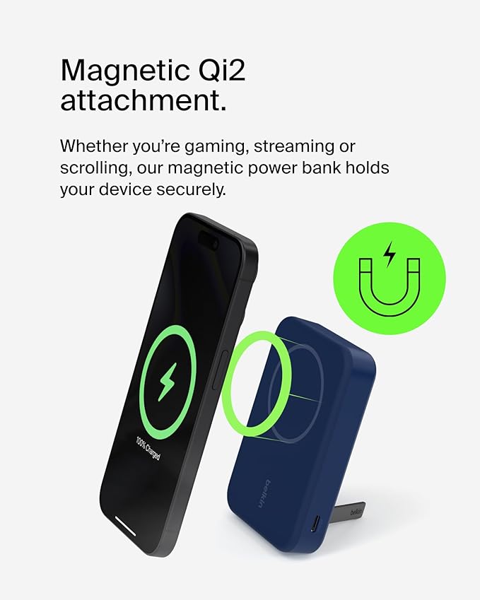 Belkin Portable Charger, Wireless Power Bank 15W 10000 mAh w/ Qi2, MagSafe Charger + Built-in Pop-up Kickstand - Compatible w/iPhone 17, Air, Pro, Pro Max, Google Pixel 10, etc. - Blue