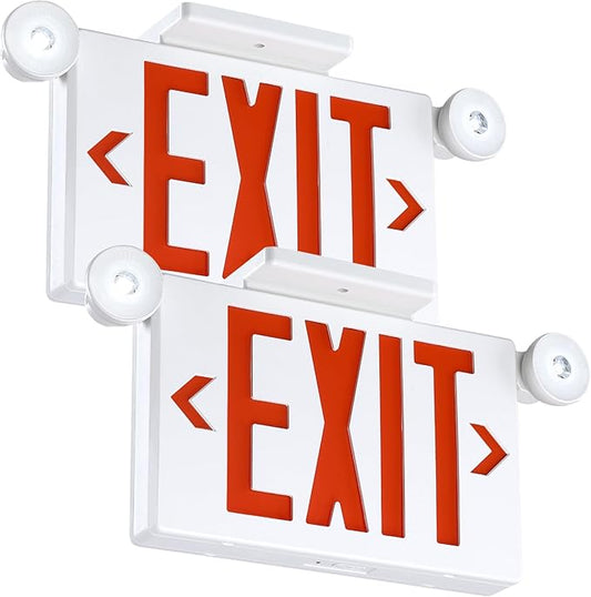 Gruenlich Exit Signs with Emergency Lights, 2 Adjustable LED Head with Battery Backup, 94V-0 Fire Resistant, AC 120/277V, Hardwired Commercial Emergency Light Combo for Business, 2 Pack