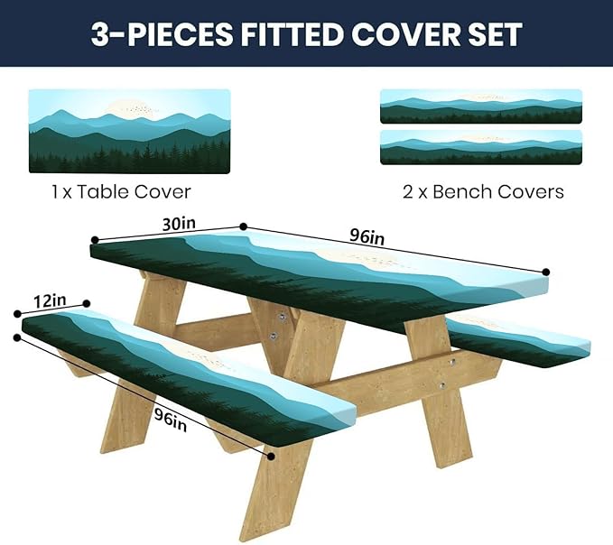 CAPSCEOLL Fitted Picnic Table Cover with Bench Covers with Elastic 8ft Waterproof Windproof Picnic Table Cloths Outdoor Camping Tablecloth with Drawstring Bag, 96X30In, Green Mountain