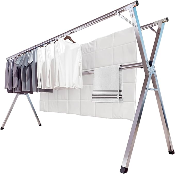 JAUREE 95 Inches Clothes Drying Rack, Drying Rack Clothing Folding Indoor Outdoor, Heavy Duty Stainless Steel Laundry Rack, Foldable Portable Large Clothes Rack Garment Rack with 20 Windproof Hooks