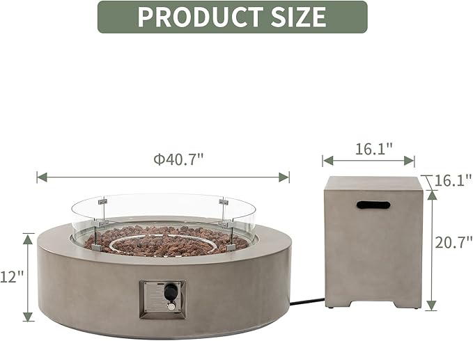 COSIEST 2-Piece Outdoor Propane Firepit Table Set w Tank Table, CSA Certified 42" Fire Table CSA Certified, 50,000 BTU w Gray Round Base,Wind Guard and 16 inches Tank Side Table 20lb for Garden,Pool